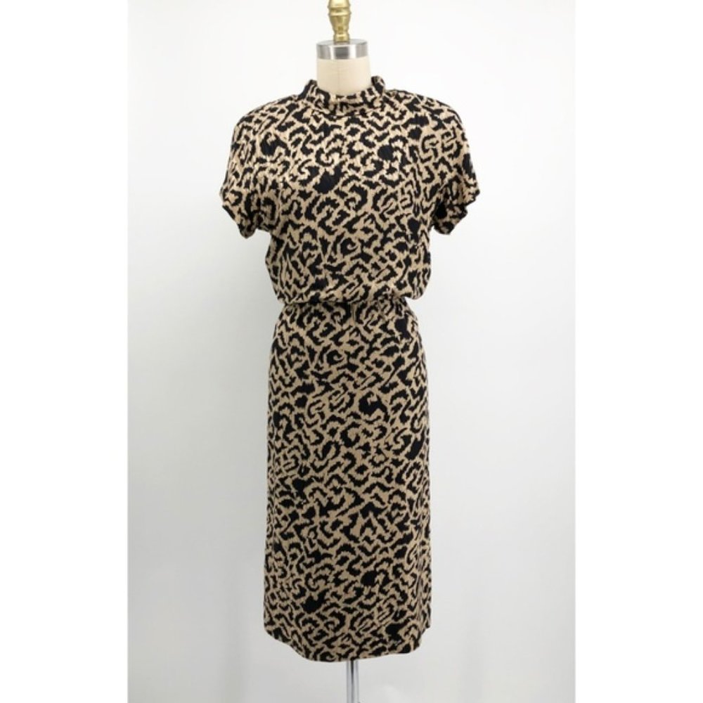 Vintage 100% Silk Black Gold Animal Print Dress